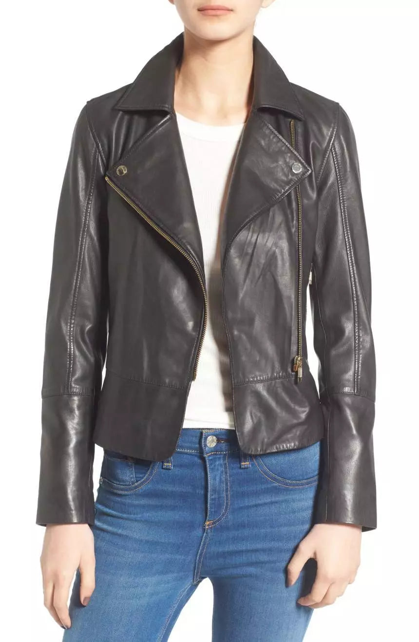 Jacket Leather Women Black  Motorcycle Coat Biker Vintage Lambskin