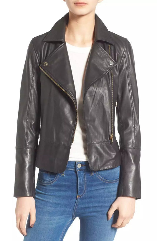 Jacket Leather Women Black  Motorcycle Coat Biker Vintage Lambskin