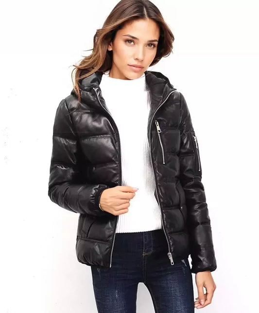 NEW Black Genuine Hooded Womens Leather Puffer Jacket