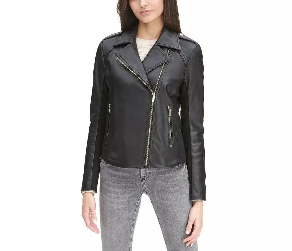 Leather Jacket Women Biker Motorcycle Women Soft  Fit Size Real Black