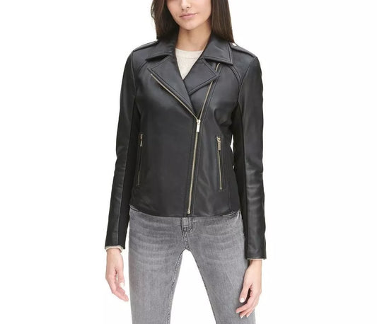Leather Jacket Women Biker Motorcycle Women Soft  Fit Size Real Black