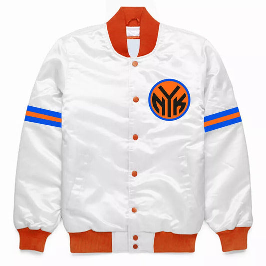 Men  New York Knicks White Satin College Bomber Varsity Jacket - NBA