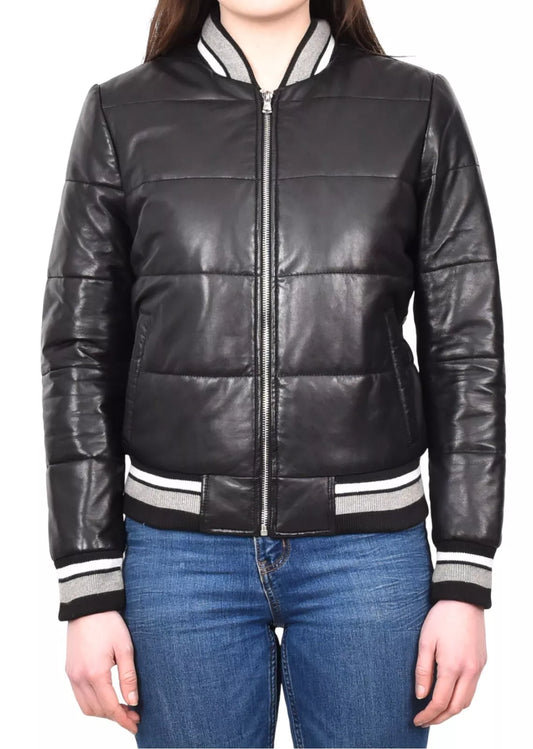 Women Puffer Jacket Ladies Genuine Leather Bomber  Black