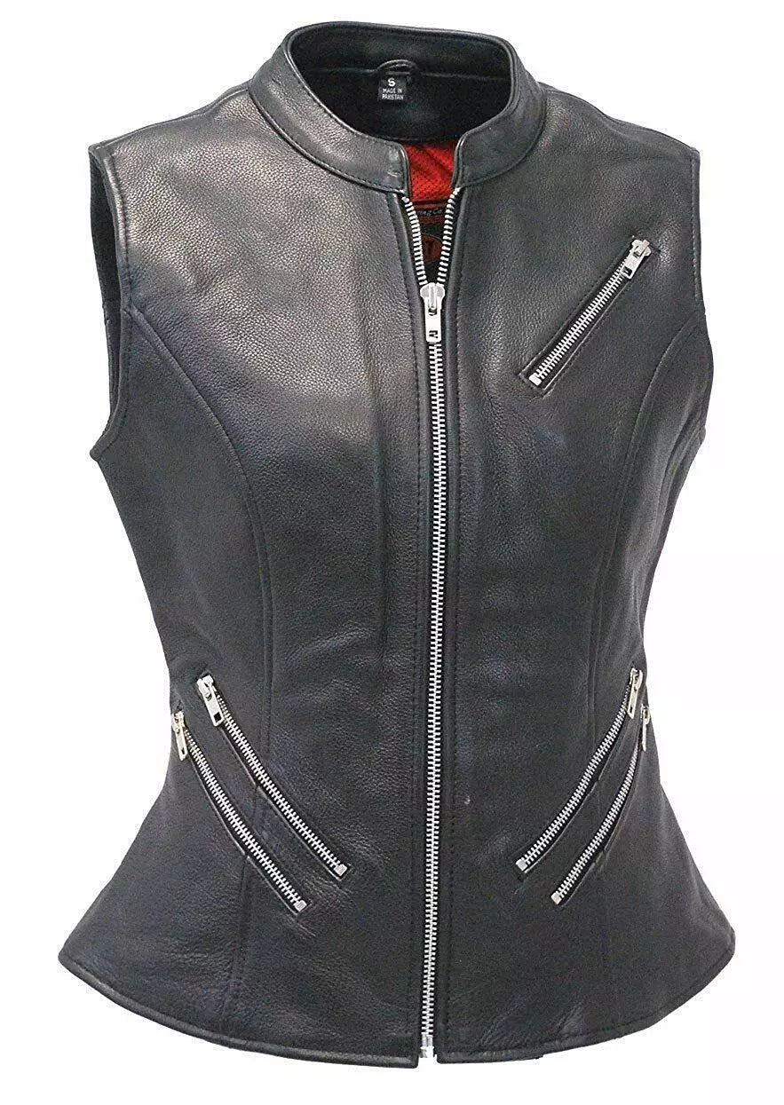 Leather Vest Women Jacket Motorcycle Size Biker Club Women  Black