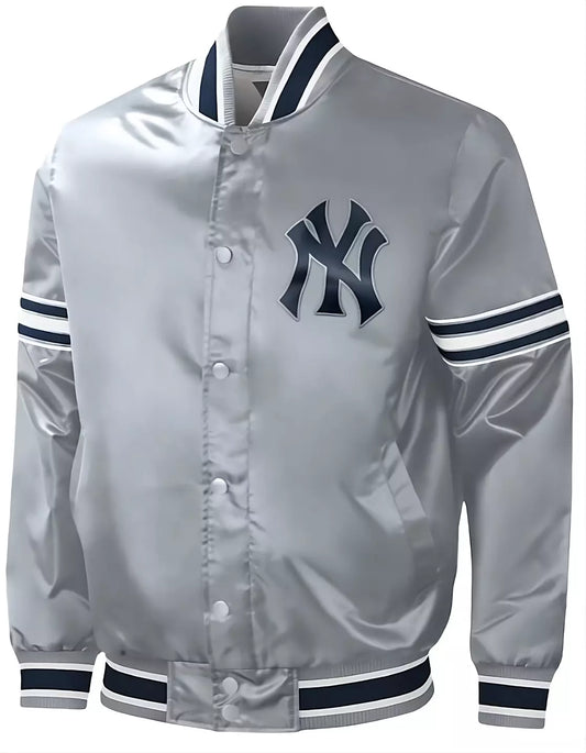 Women Gray New York Yankees Slider Satin Full-Snap Varsity Jacket - MLB
