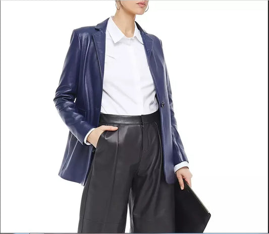 Leather Blazer Coat Jacket Women Lambskin Ladies Trench Biker Kim Fit Blue
