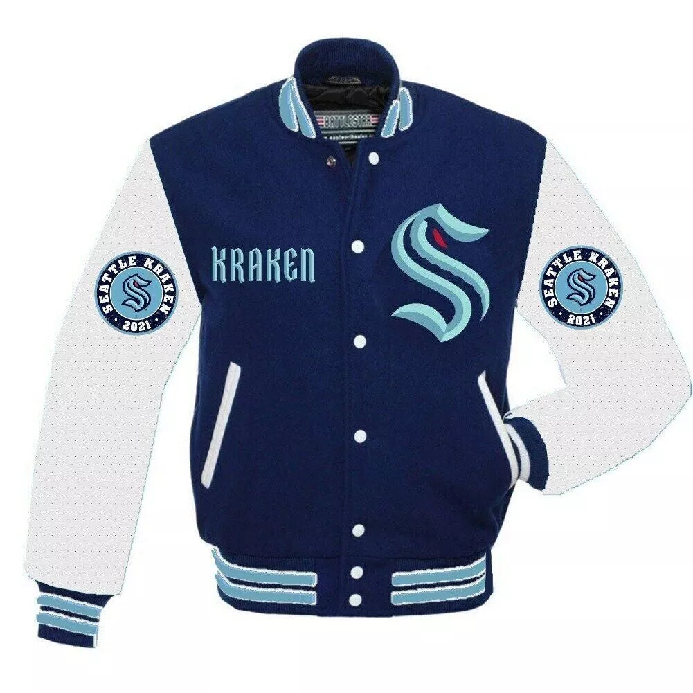 Letterman Seattle Kraken Blue and White Varsity Jacket - NHL