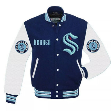 Letterman Seattle Kraken Blue and White Varsity Jacket - NHL