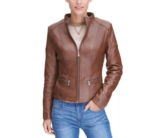 Leather Jacket Women Biker Motorcycle Women Soft Fit Size Real Brown