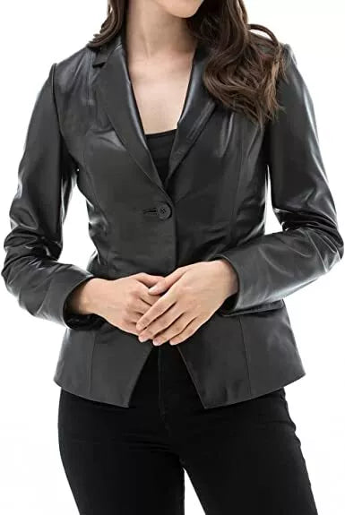 Leather Blazer Coat Jacket Women Lambskin Ladies Trench Biker Kim Fit Black