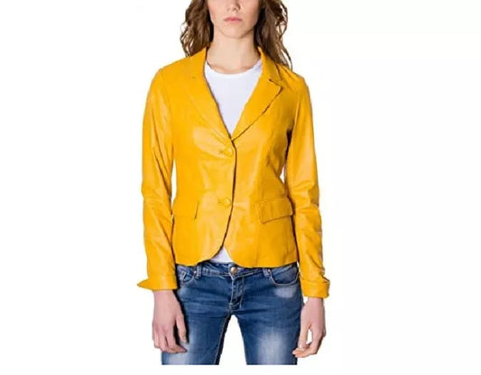 Leather Blazer Coat Jacket Women Lambskin Ladies Trench Biker Kim Fit Yellow