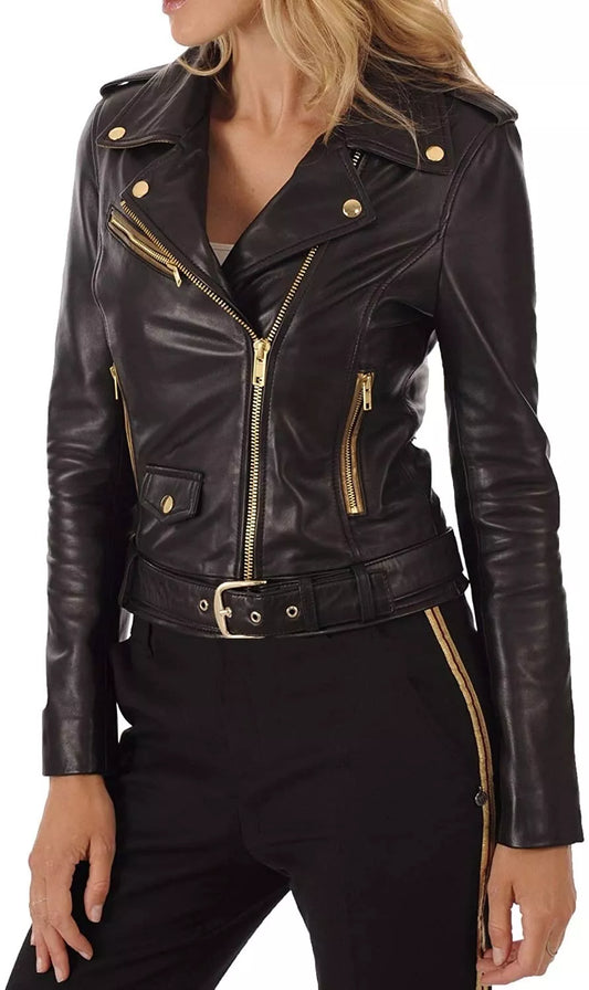 Women Biker Motorcycle Women Soft  Real Black Leather Jacket