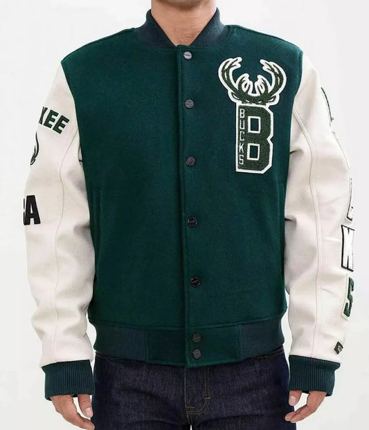 Men Letterman Milwaukee Bucks Green and White PRO Standard Varsity Jacket - NBA