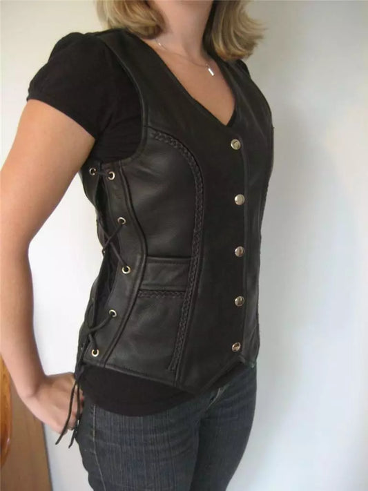 Vest Leather Jacket Women Genuine Coat Biker Sheepskin Fashion  Black