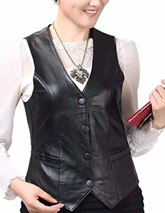 Women Leather Vest Genuine Sheepskin Fashion-Black