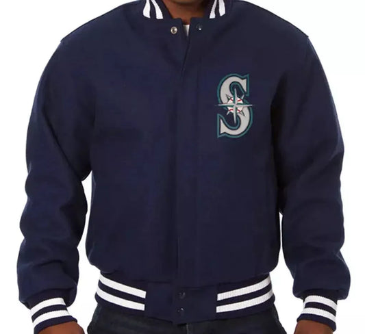 Men Letterman Seattle Mariners Navy Blue All Wool Varsity Jacket - MLB