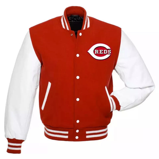 Cincinnati Reds Letterman Red Wool & White Leather Sleeves Varsity Jacket-MLB