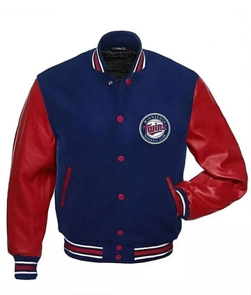 Minnesota Twins Navy Letterman Varsity Jacket With Red Genuine Leather Sleeves - MLB