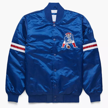 New England Patriots Blue Satin Bomber Varsity Jacket - NFL