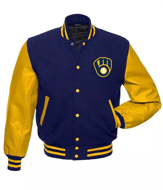 Men Letterman Milwaukee Brewers Blue and Yellow Varsity Jacket - MLB
