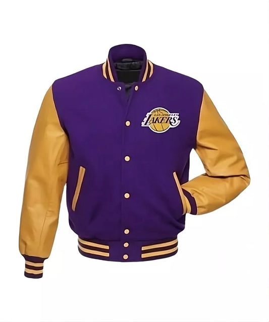 Men Los Angeles Lakers Letterman Varsity Jacket With Genuine Leather Sleeves - NBA