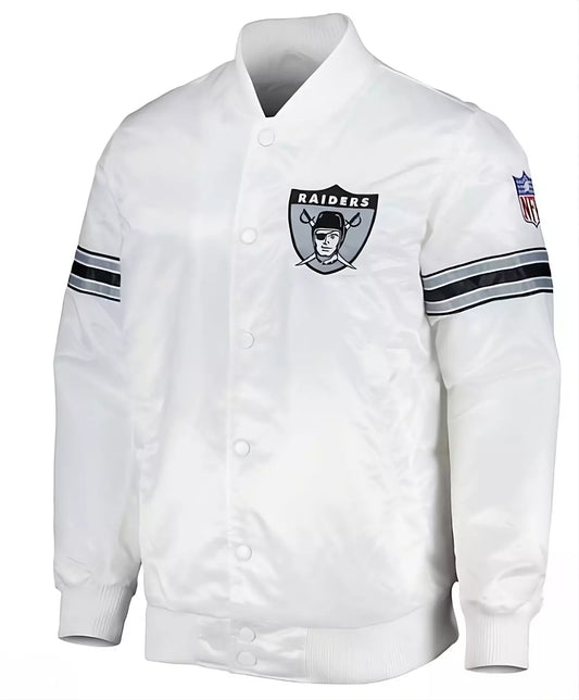 Las Vegas Raiders White Satin Varsity Jacket full-snap Embroidery logos - NFL