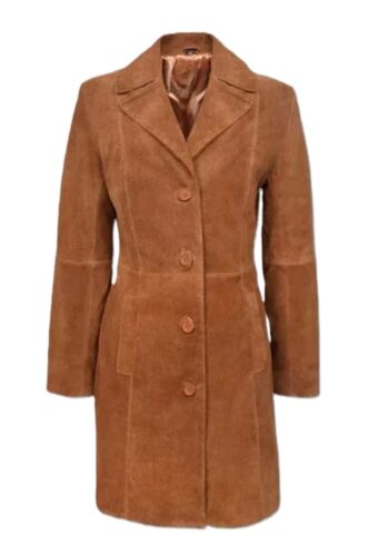 Women's 100% Suede Leather  Length Classic Trench Coat Soft Suede Winter Jacket