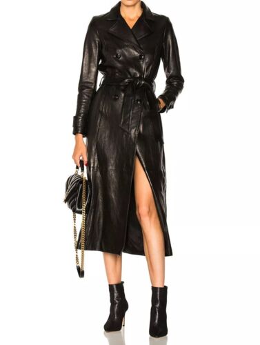 Black Leather Trench Coat For Women's Genuine Soft Lambskin Long Overcoat Jacket