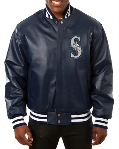 Men Letterman Seattle Mariners Varsity Jacket Navy Blue Genuine Sheep Leather - MLB