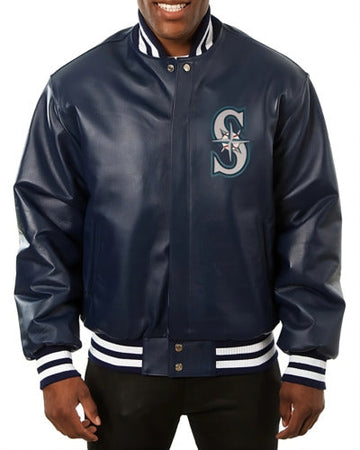 Men Letterman Seattle Mariners Varsity Jacket Navy Blue Genuine Sheep Leather - MLB