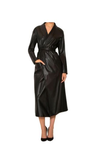 Women Black Trench Coat Genuine Lambskin Real Leather Long Overcoat