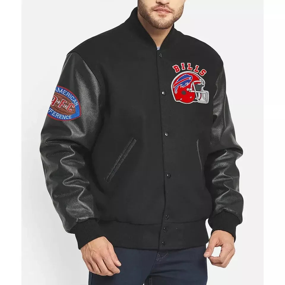 Men 90’s Style Buffalo Bills Letterman Varsity Jacket with Genuine Leather Sleeves - MLB