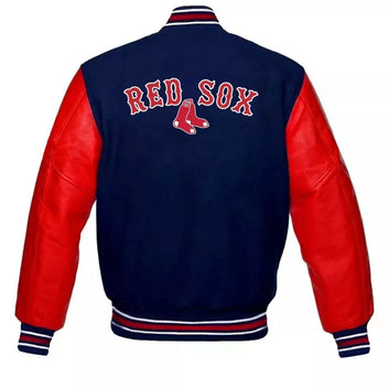 Men Boston Red Sox Letterman Varsity Jacket Blue Wool & Red Genuine Leather Sleeves - MLB