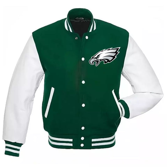 Philadelphia Eagles Green Letterman Varsity Jacket Green Wool & White Leather - NFL