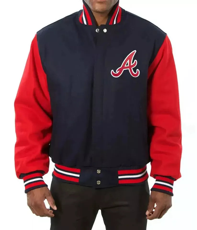 Men Atlanta Braves Navy and Red All Wool Lettermen Varsity Jacket - MLB