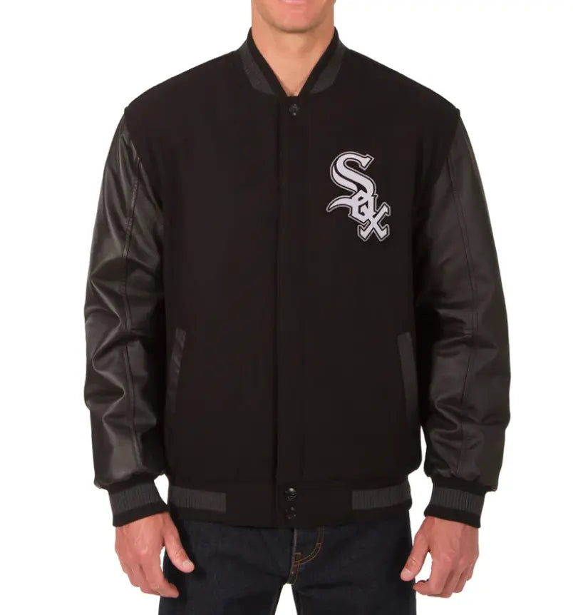 Men Chicago White Sox Letterman Varsity Jacket Black w Genuine Leather Sleeves - MLB