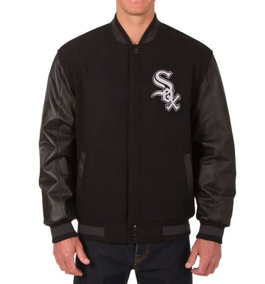 Men Chicago White Sox Letterman Varsity Jacket Black w Genuine Leather Sleeves - MLB