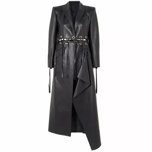 Women Black Lambskin Real Leather Dress Fringed Eyelet-embellished Long Overcoat