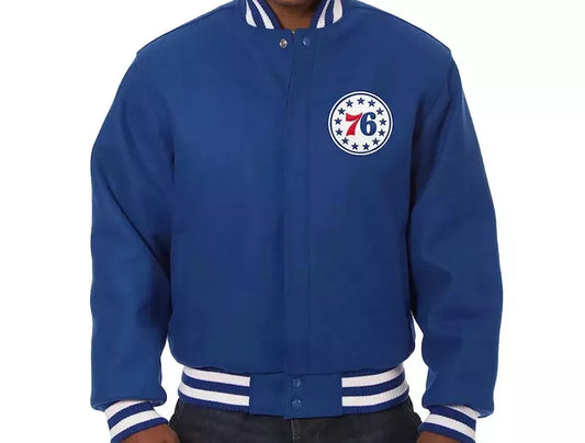 Men Philadelphia 76ers Royal Blue All Wool Lettermen Varsity Jacket - NBA