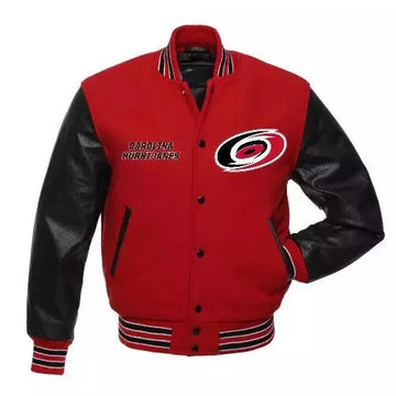 Carolina Hurricanes Black and Red Varsity Jacket With Genuine Leather Sleeves - NHL