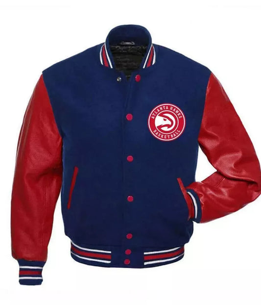 Men Atlanta Hawks Blue and Red Varsity Jacket With Genuine Leather Sleeves - NBA