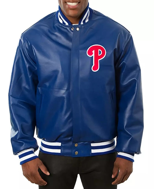 Men Philadelphia Phillies Blue Letterman Varsity Jacket Full Leather Jacket - MLB