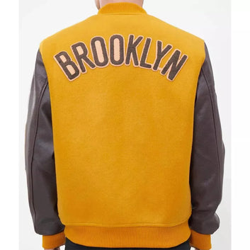Men Letterman Brooklyn Nets Yellow and Brown Varsity Jacket - NBA