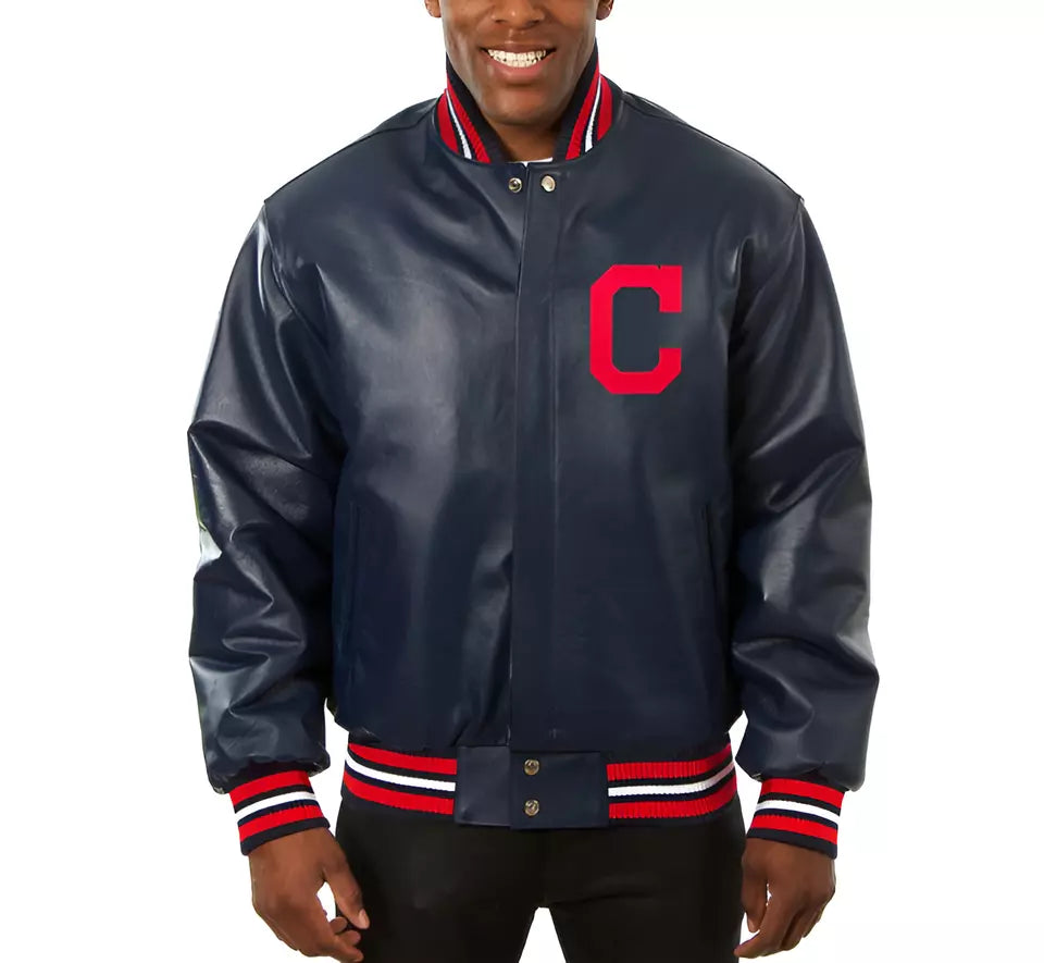 Men Cleveland Indians Full Sheep Leather Navy Letterman Varsity Jacket - MLB