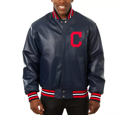 Men Cleveland Indians Full Sheep Leather Navy Letterman Varsity Jacket - MLB