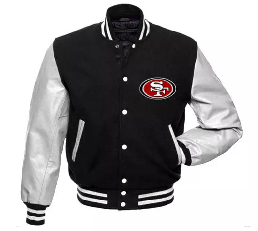 San Francisco 49ers Black & White Letterman Varsity Jacket with Leather Sleeves - NFL