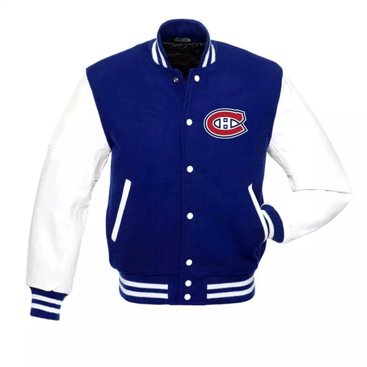 Montreal Canadiens Varsity Jacket Wool & Genuine Leather Sleeves blue and white - NHL