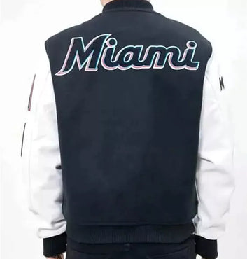 Men Letterman Miami Marlins Navy Blue and White Varsity Jacket - MLB
