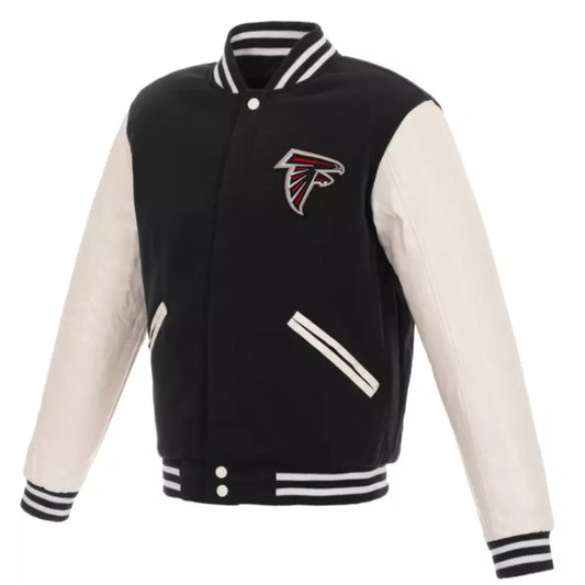 Atlanta Falcons Letterman Varsity Jacket Wool with Genuine Leather sleeves black and white - NFL