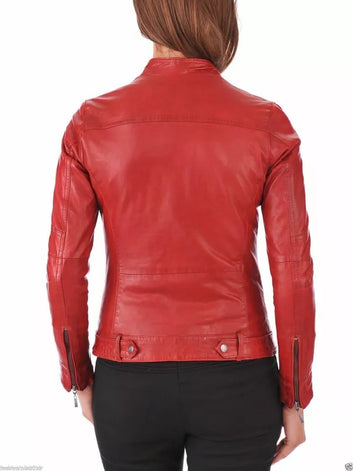 Red Women's Lambskin Soft Real Leather Jacket Motorcycle Slim fit Biker Jacket